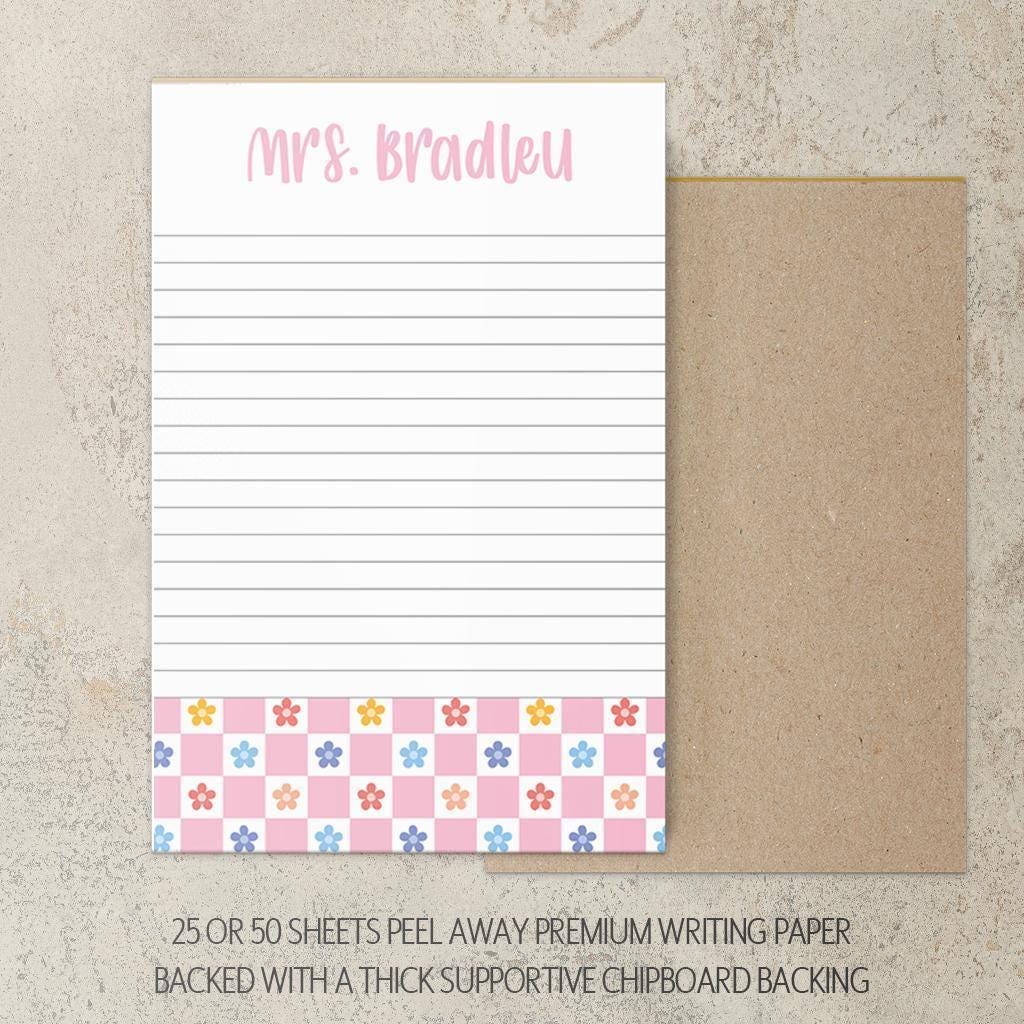 Personalized Girls Notepad – Custom Pink Flower Notepad with Checker Design, Lined Note Pads