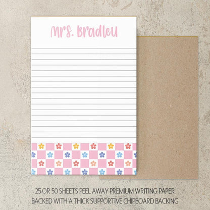 Personalized Girls Notepad – Custom Pink Flower Notepad with Checker Design, Lined Note Pads