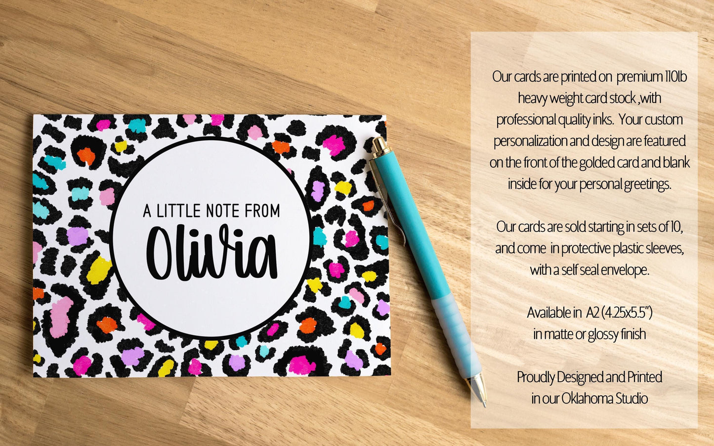 Personalized Note Cards – Rainbow Cheetah Animal Print Folded Stationery Set