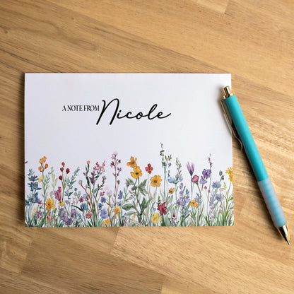 Personalized Note Cards - Wildflower Note Cards Set with Custom Name & Matching Envelope Colors