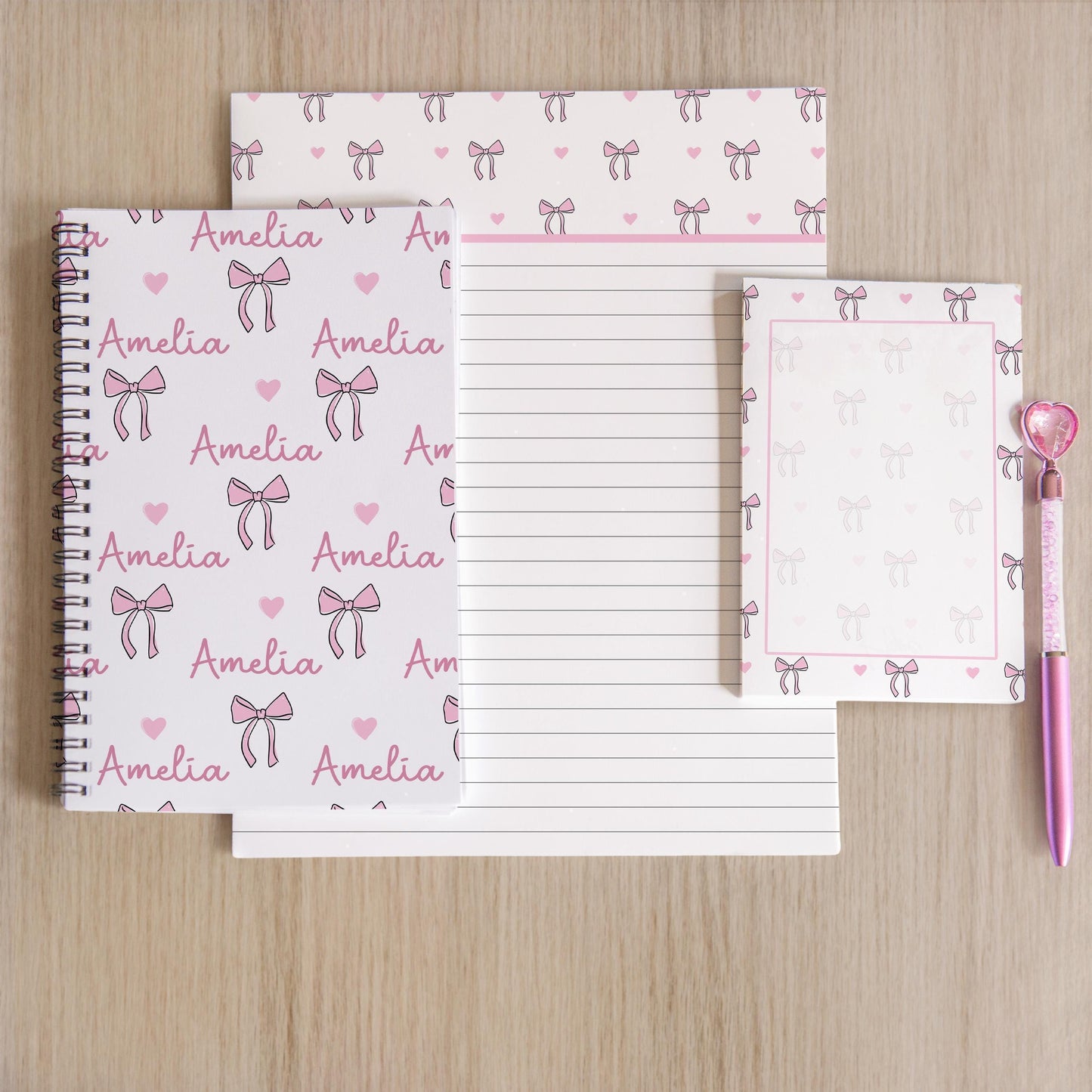 Personalized Stationery Set - Kids Letter Writing Kit with Pink Bow Notebook & Notepad