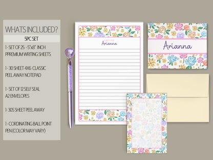 Personalized Stationery Set - Wildflower Print Letter Writing Set with Self-Seal Envelopes & Notecards