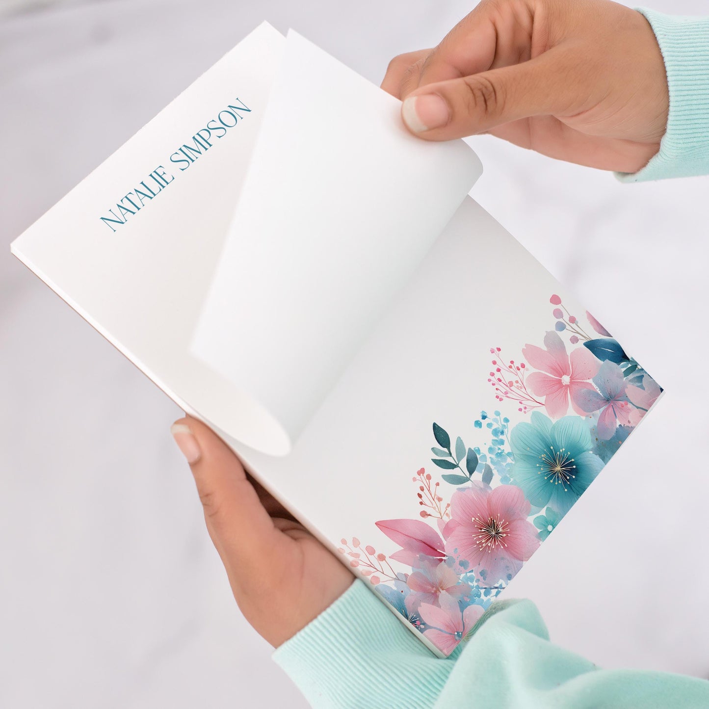 Personalized Flower Notepad – Custom Name Notepads with Pink Blue Flowers, Floral Note Pad
