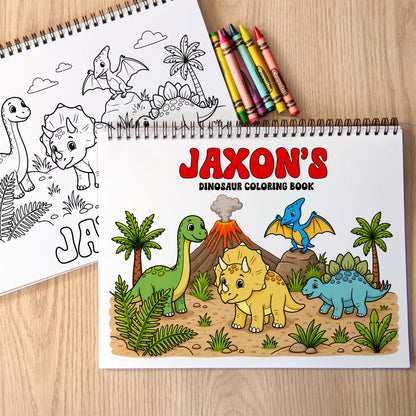 Personalized Dinosaur Coloring Book, Spiral, 50 Pages, Kid 11x8.5