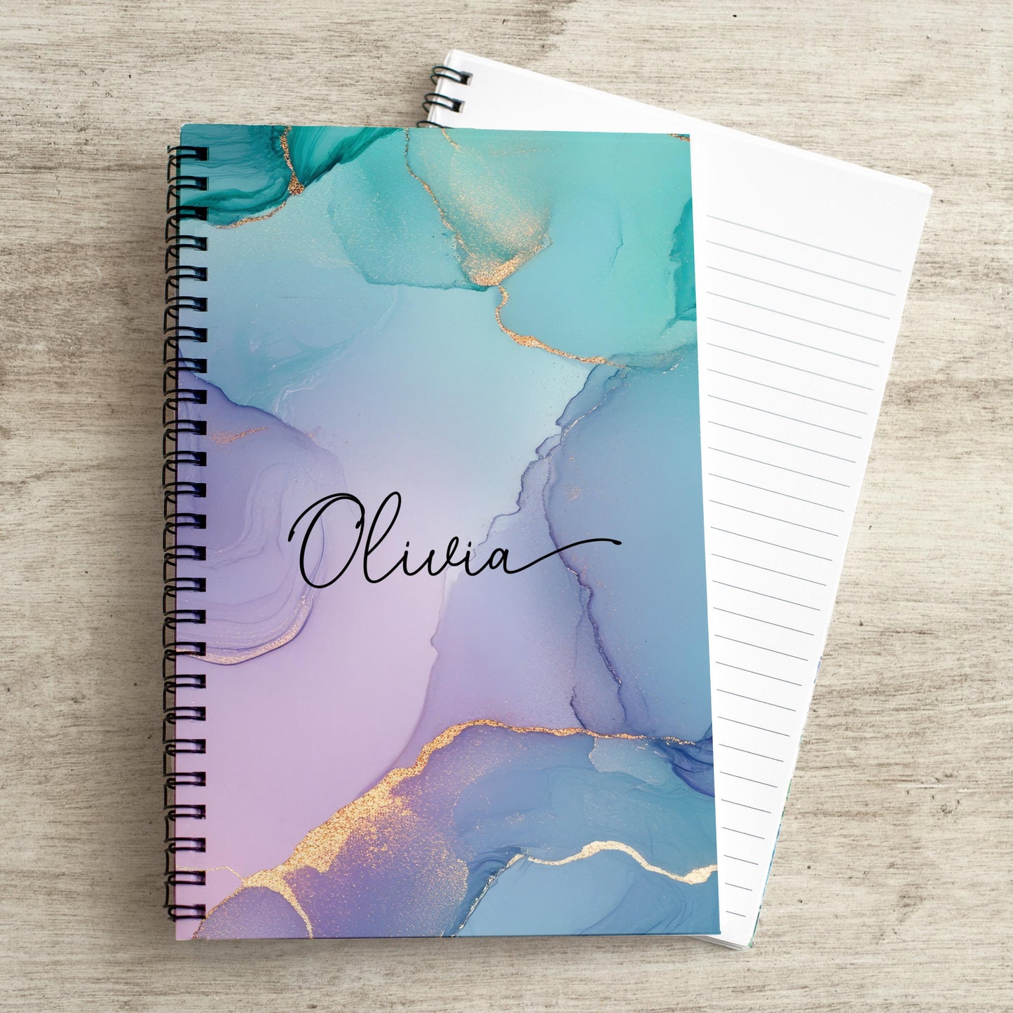 Personalized Notebook - Custom Name Marble Teal Journal | Spiral Bound, Lined & Blank Pages
