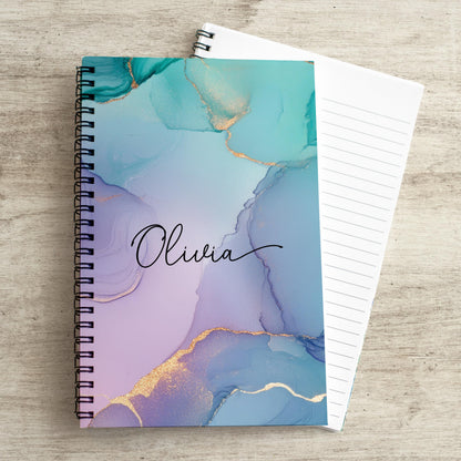 Personalized Notebook - Custom Name Marble Teal Journal | Spiral Bound, Lined & Blank Pages