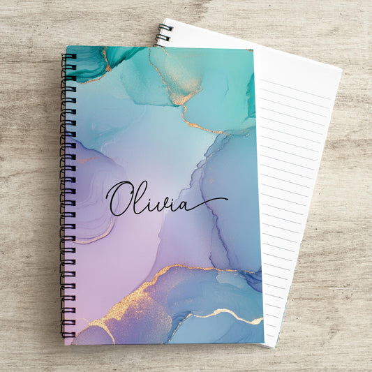 Personalized Notebook - Custom Name Marble Teal Journal | Spiral Bound, Lined & Blank Pages