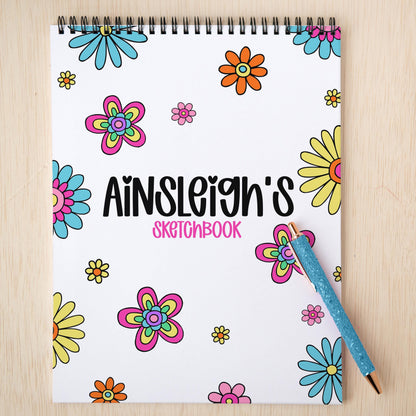 Personalized Sketchbook - Kids Drawing Pad With Heavyweight Paper & Flower Design