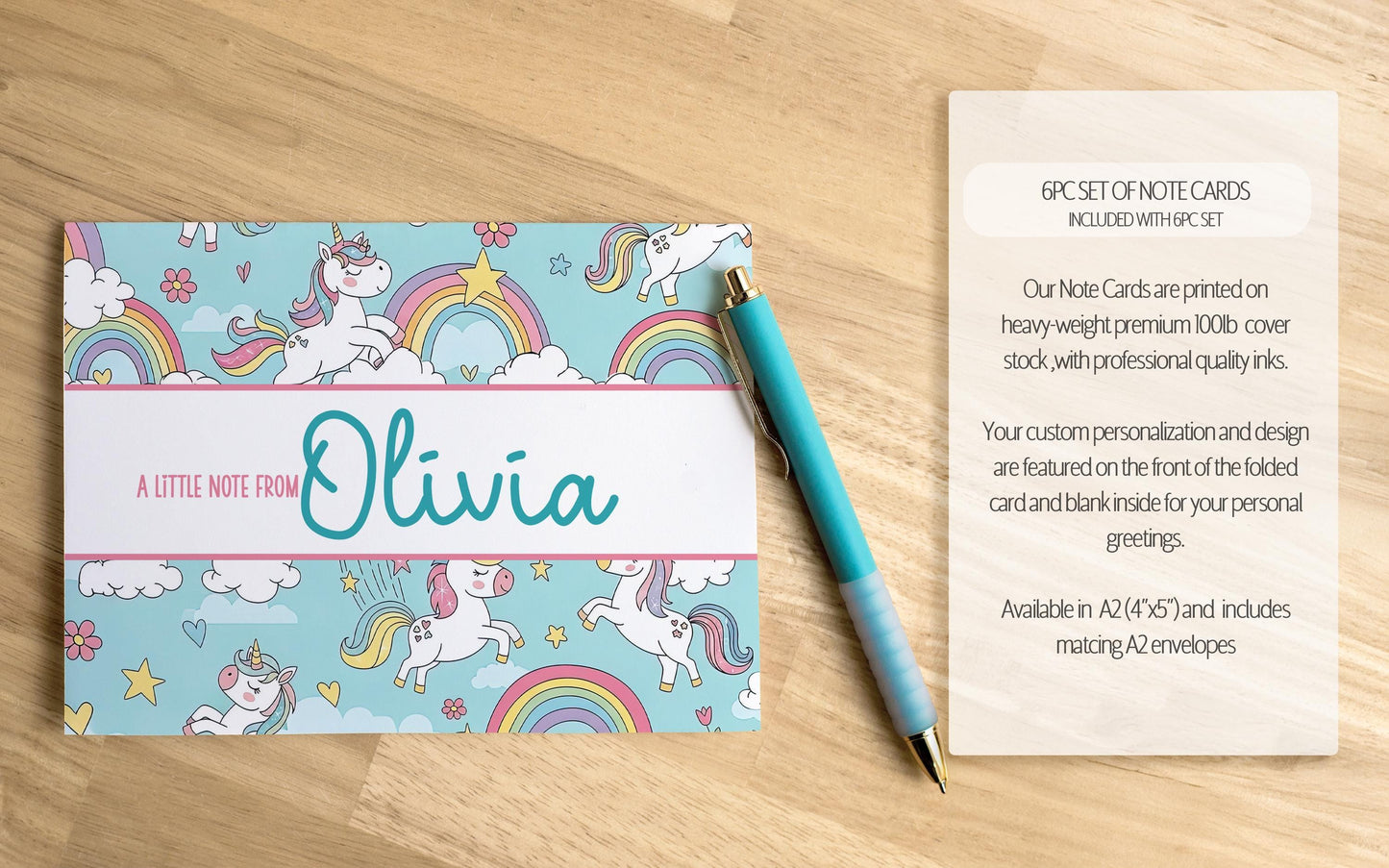 Personalized Stationery Set - Girls Unicorn Letter Writing Kit with Premium Notecards & Self-Seal Envelopes