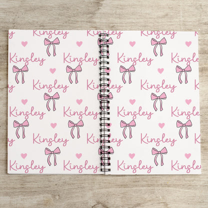 Girls Custom Notebook - Personalized Journal With Pink Coquette Bows, Spiral Bound