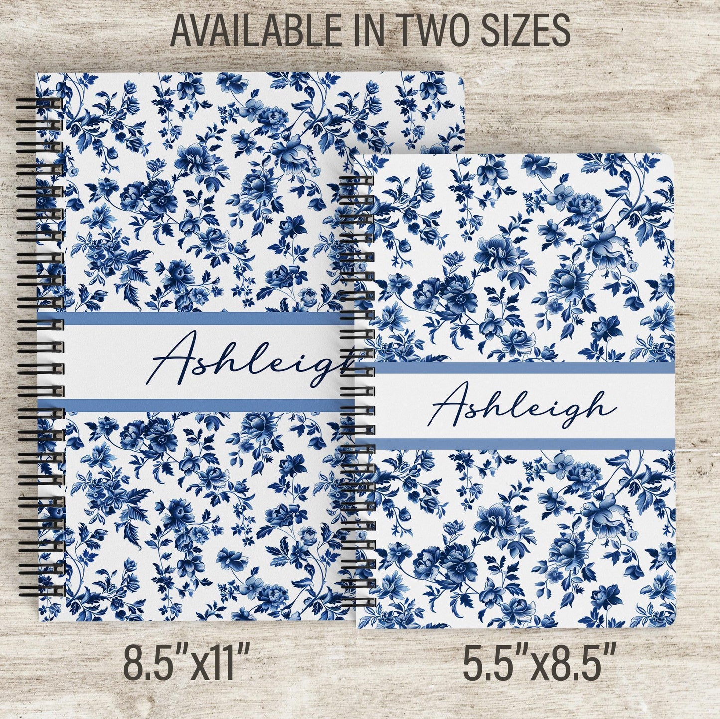 Personalized Blue Notebook – Custom Spiral Bound Journal with Floral Chinoiserie Design