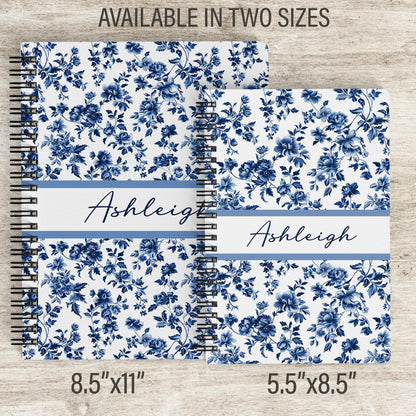 Personalized Blue Notebook – Custom Spiral Bound Journal with Floral Chinoiserie Design