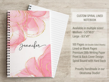 Personalized Pink Notebook - Custom Spiral Notebook with Pretty Sketchbook Girls Design
