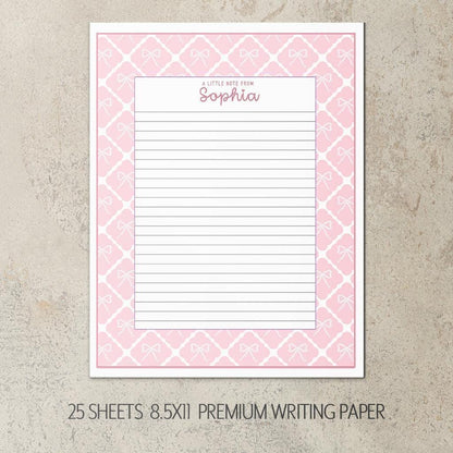 Personalized Stationery Set - Kids Letter Writing Kit with Pink Bow Notebook & Envelopes