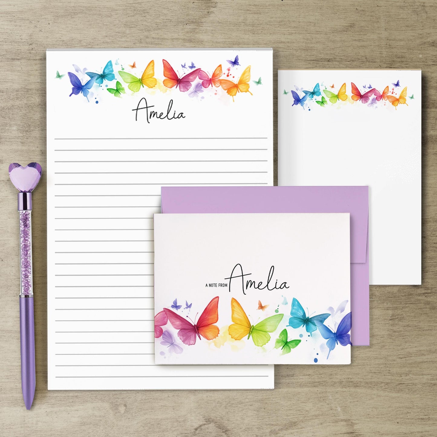 Personalized Stationery Set - Rainbow Butterfly Letter Writing Sets with Premium Paper & Self-Seal Envelopes