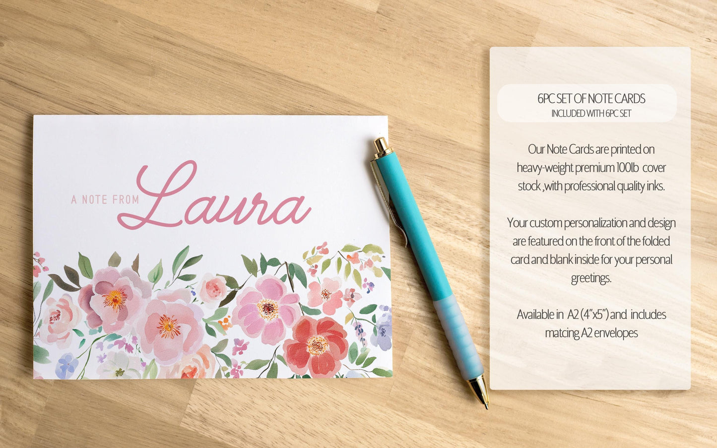 Personalized Stationery Set - Custom Letter Writing Sets with Floral Notepads & Pink Flower Notebook
