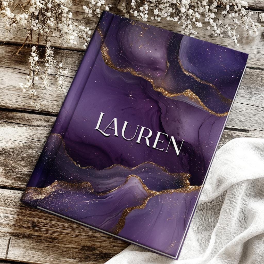Personalized Hardcover Journal - Custom Name Purple Marbled Notebook Gift for Mothers Day