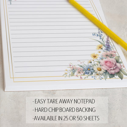 Personalized Notepad – Custom Name Notepad with Floral Design, Lined Sheets & Peel Away Pages