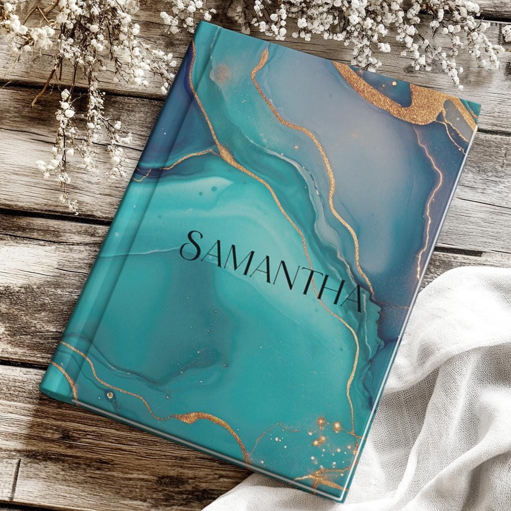 Custom Hardcover Journal - Personalized Marbled Teal Notebook with Lined Pages