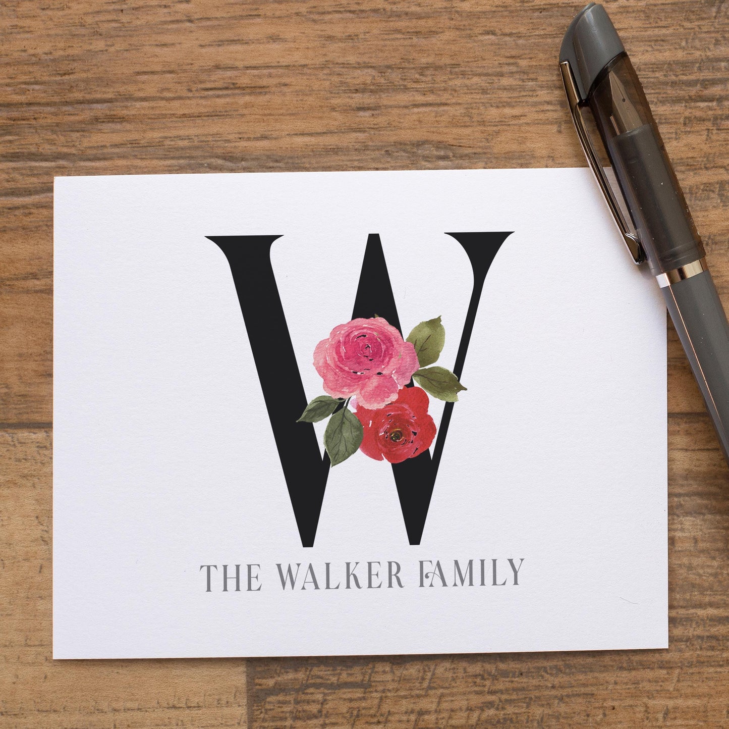 Personalized Monogram Note Cards - Custom Rose Notecards with Envelopes | Folded Thank You Cards Gift Set