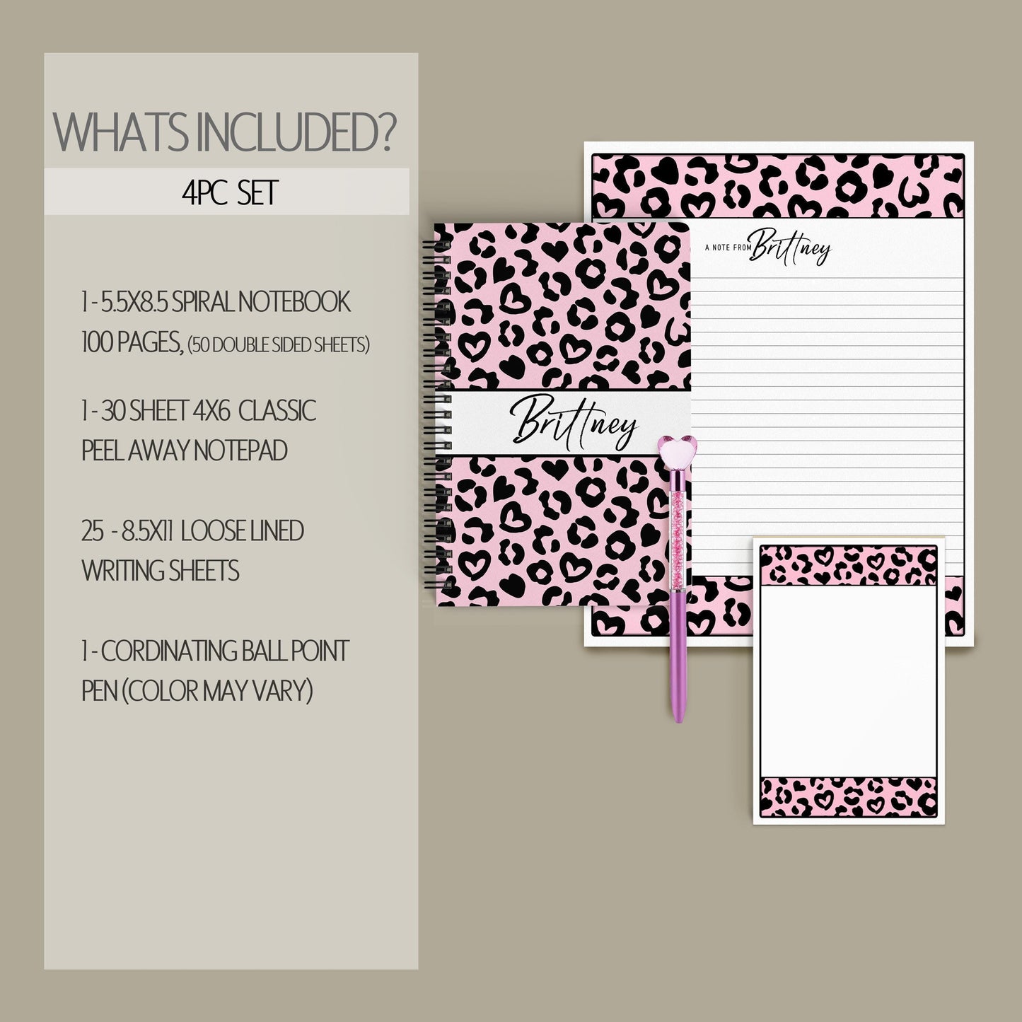 Personalized Stationery Set – Pink Cheetah Leopard Letter Writing Gift Set with Notebook & Pen