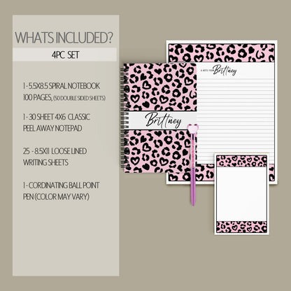 Personalized Stationery Set – Pink Cheetah Leopard Letter Writing Gift Set with Notebook & Pen