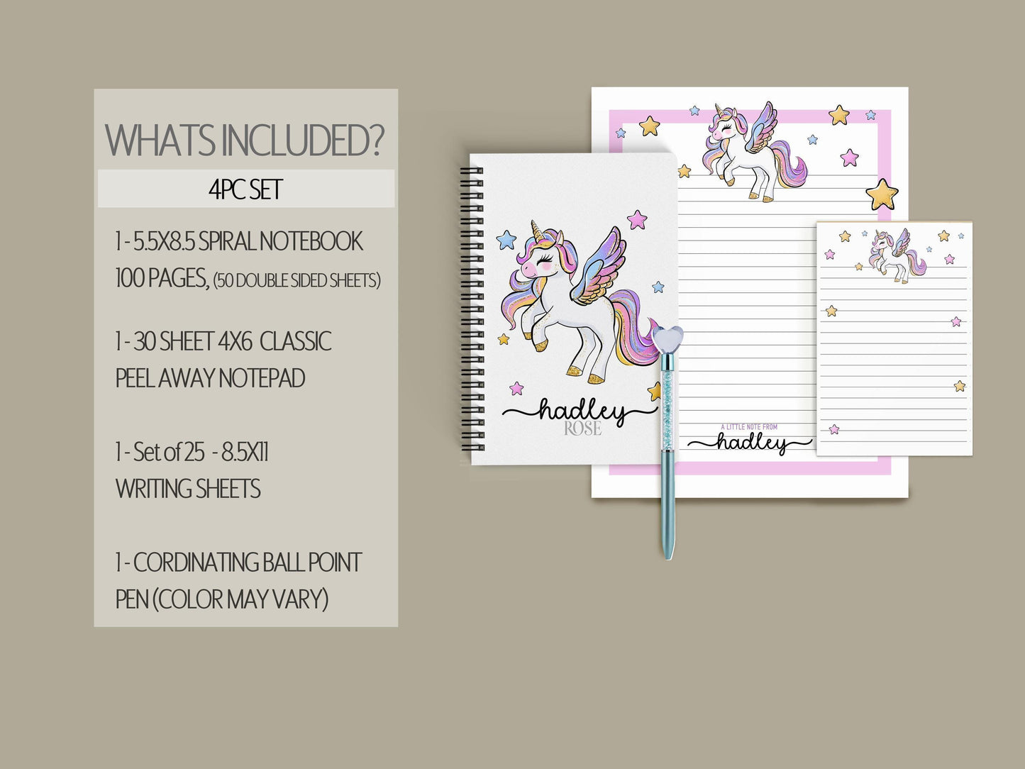 Personalized Stationery Set – Unicorn Notebook Set with Kids Letter Writing Paper & Stickers