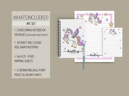 Personalized Stationery Set – Unicorn Notebook Set with Kids Letter Writing Paper & Stickers