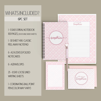 Personalized Stationery Set - Kids Letter Writing Kit with Pink Bow Notebook & Envelopes