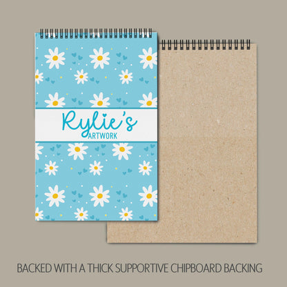 Girls Personalized Sketchbook - Custom Art Book with Blue Daisy Cover | Kids Drawing Pad