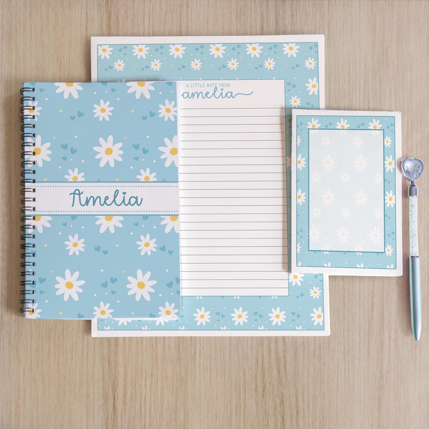 Personalized Stationery Set – Kids Writing Set With Blue Daisy Notebook & Notecard Envelopes