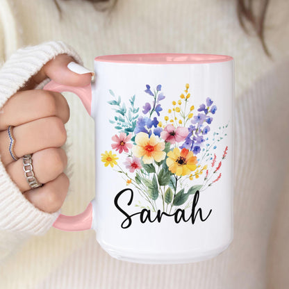 Personalized Flower Mug - Custom Rainbow Wildflower Ceramic Coffee Cup, Gift for Best Friend