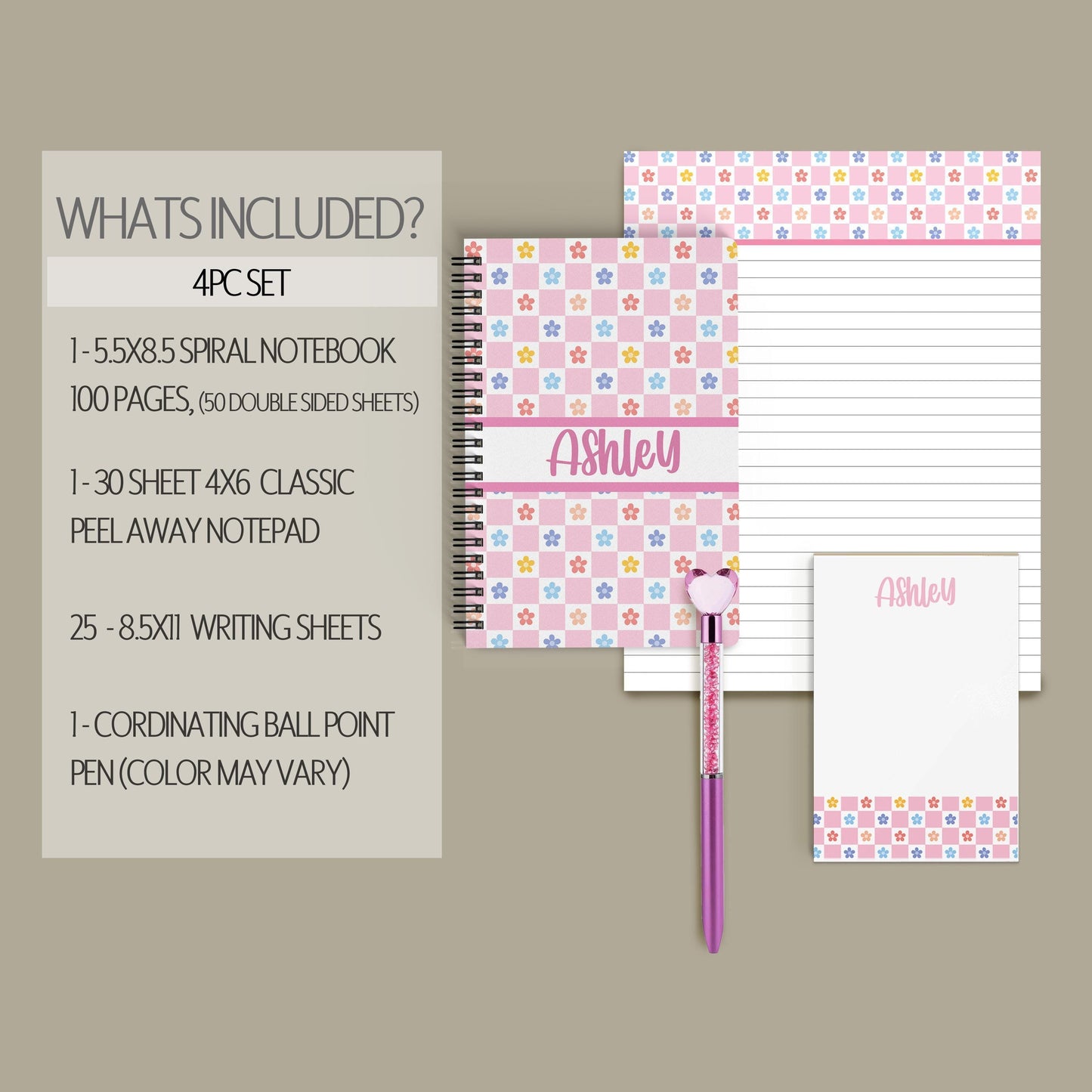 Personalized Stationery Set - Kids Letter Writing Kit with Groovy Flower Notebook & Colorful Pen
