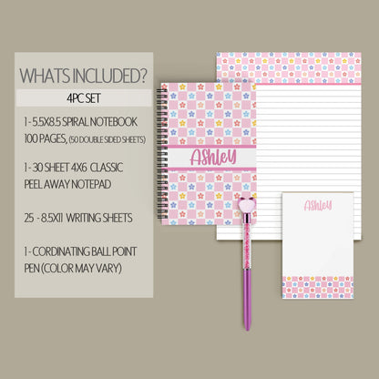 Personalized Stationery Set - Kids Letter Writing Kit with Groovy Flower Notebook & Colorful Pen