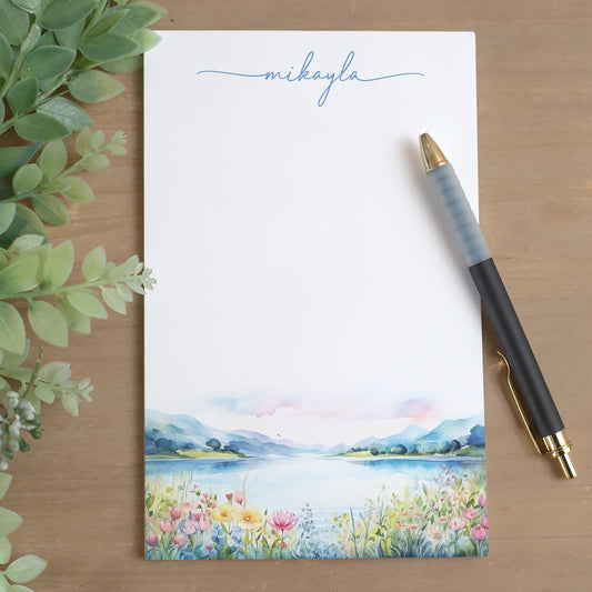 Personalized Notepad - Custom Stationery with Lake Landscape & Flower Design