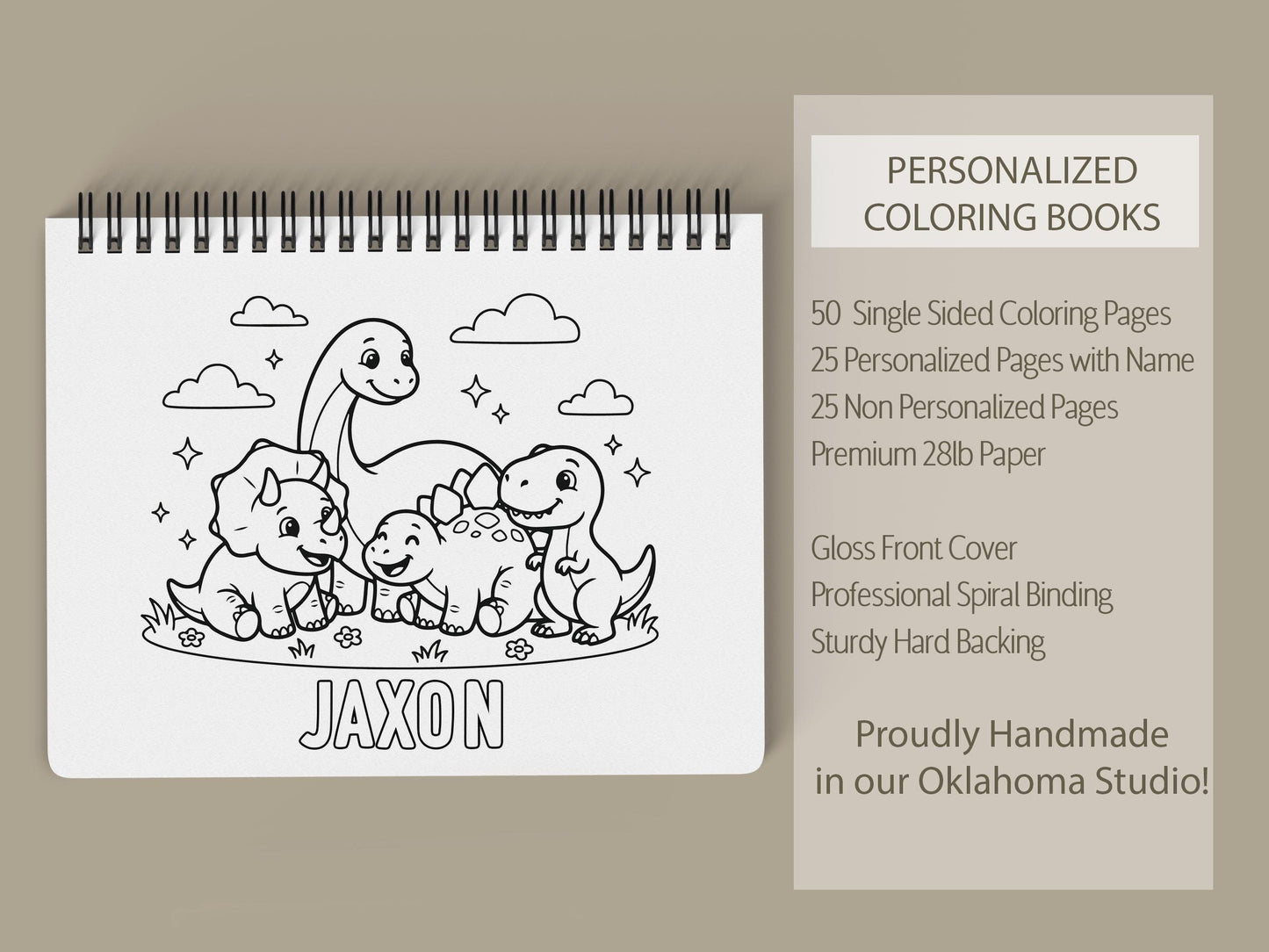 Personalized Dinosaur Coloring Book, Spiral, 50 Pages, Kid 11x8.5