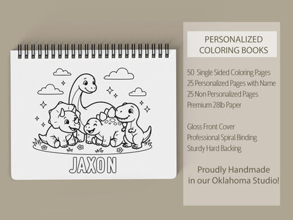 Personalized Dinosaur Coloring Book, Spiral, 50 Pages, Kid 11x8.5