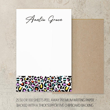 Personalized Notepad - Custom Name Notepad with Leopard Print Stationery | Rainbow Aesthetic Note Pad