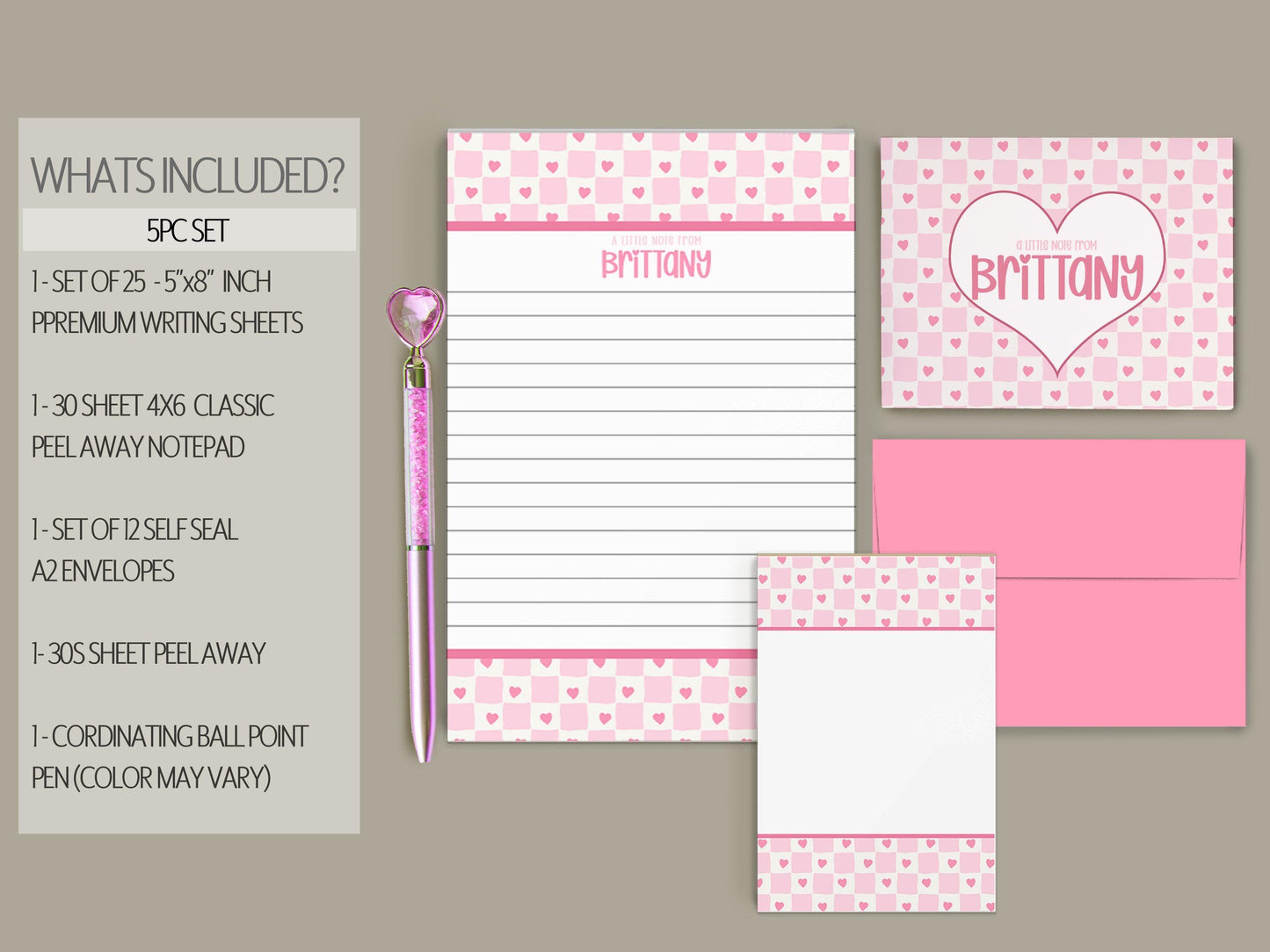 Personalized Stationery Set - Heart Checkered Letter Writing Gift Set with Glitter Pen