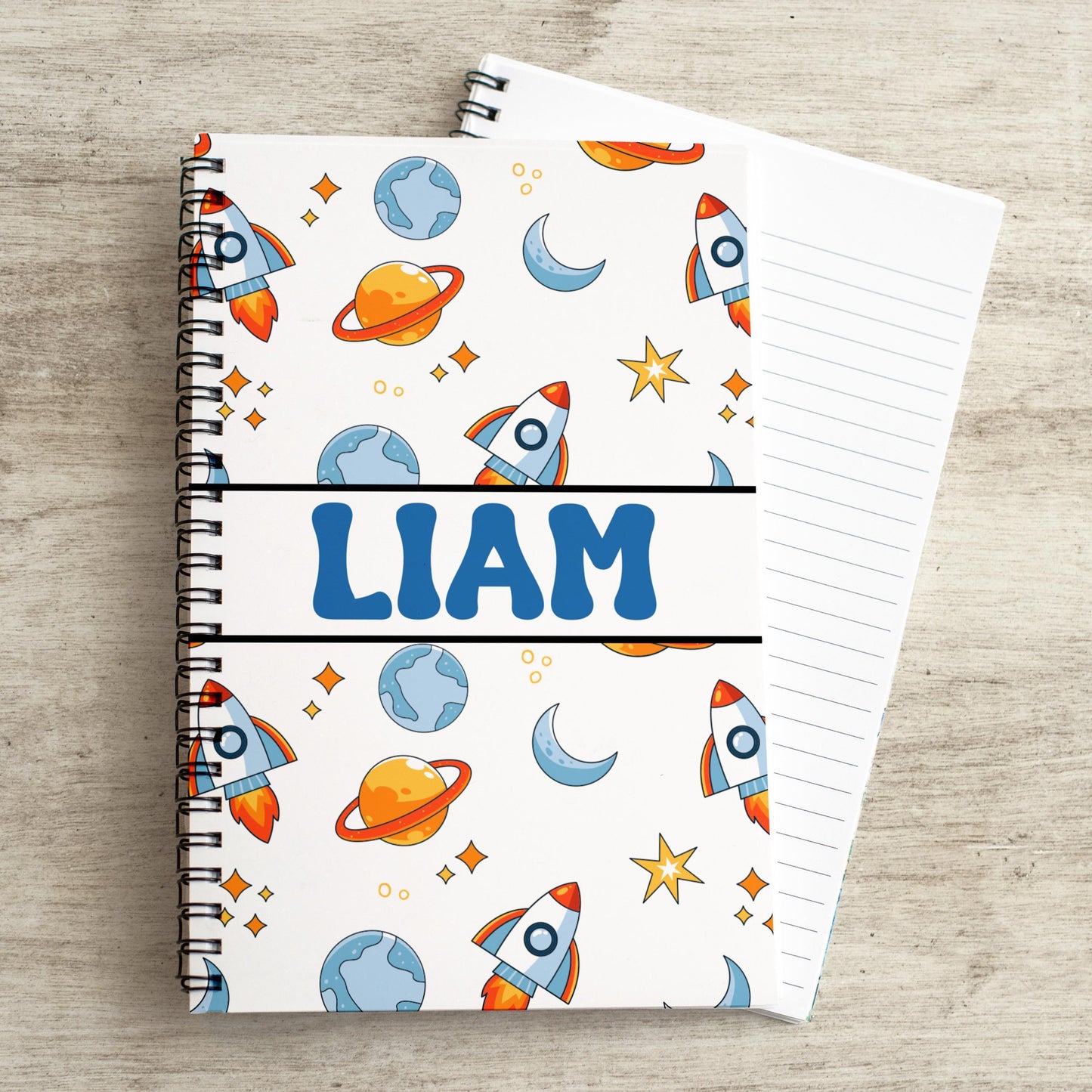 Custom Boys Notebook - Personalized Space Rocket Spiral Bound Journal with Lined or Blank Pages
