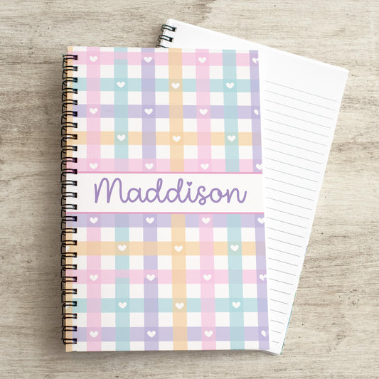 Custom Girls Notebook - Personalized Journal With Pastel Gingham Design | Spiral Bound