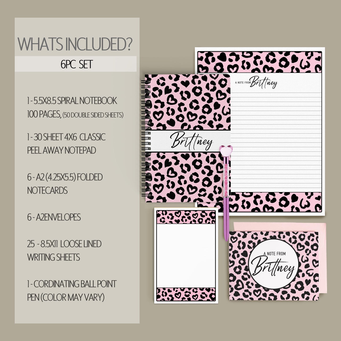 Personalized Stationery Set – Pink Cheetah Leopard Letter Writing Gift Set with Notebook & Pen