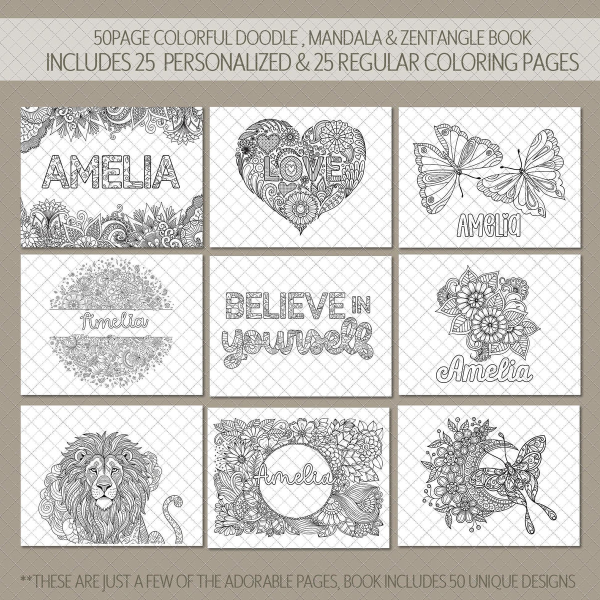 Personalized Coloring Book, 50 Pages, Spiral 11x8.5 Gift For Teens