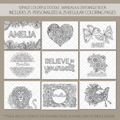 Personalized Coloring Book, 50 Pages, Spiral 11x8.5 Gift For Teens