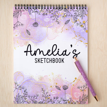 Girls Personalized Sketchbook - Custom Art Pad with Heavyweight Drawing Paper, Purple Pink Spiral Bound