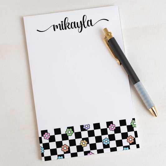 Personalized Girls Notepad - Custom Flower Checkers Notepad with Peel Away Pages