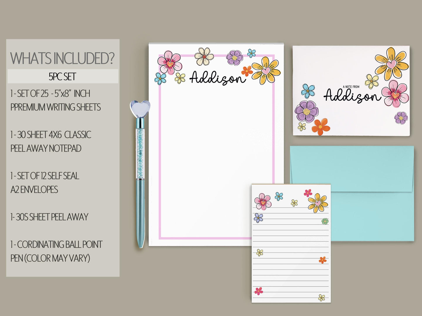 Personalized Stationery Set - Premium Letter Writing Set with Colorful Flower Print Notepad & Self Seal Envelopes