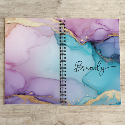 Personalized Notebook - Custom Marbled Ink Journal with Name | Spiral Bound, Purple Teal Gift