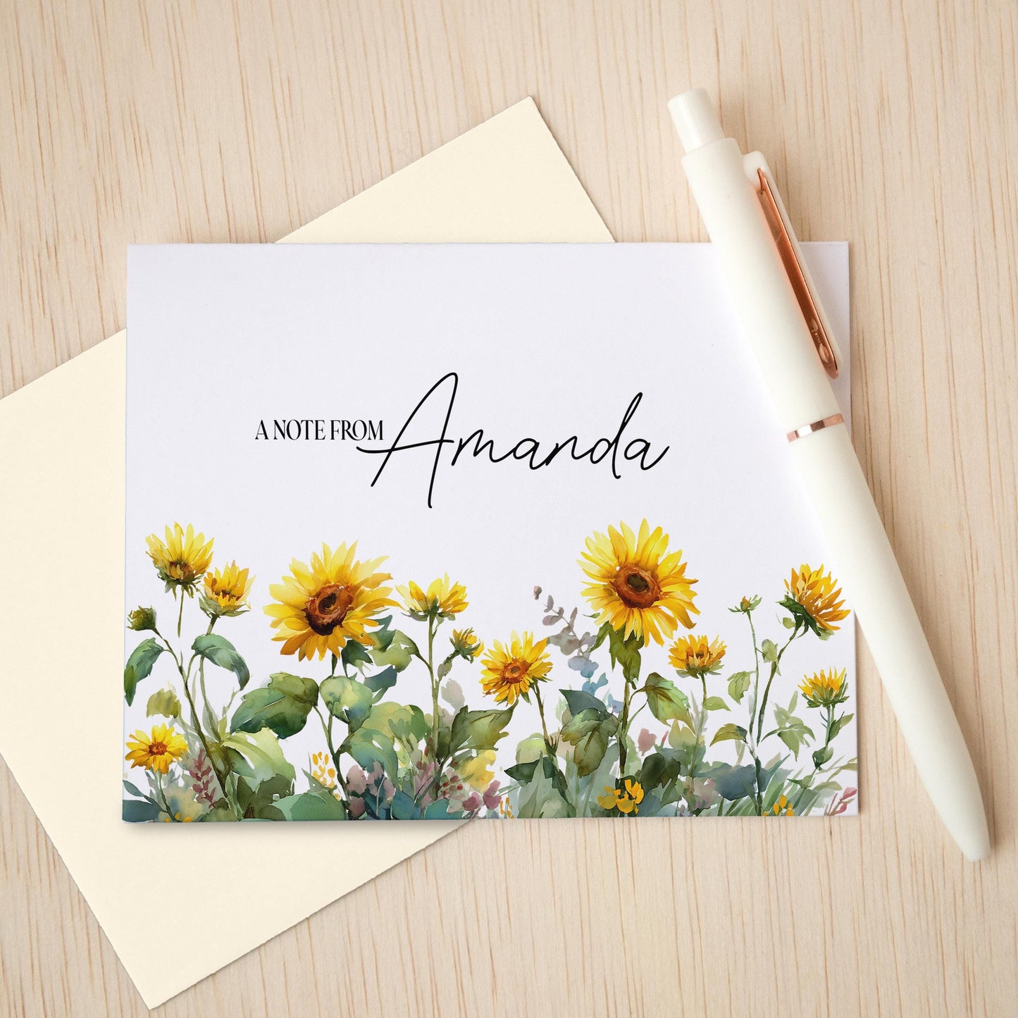 Personalized Note Cards – Sunflower Stationery Set with Custom Name, Envelopes Included