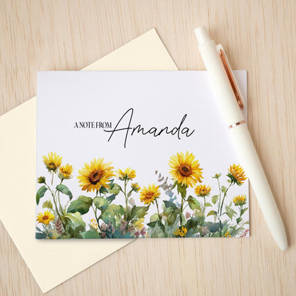 Personalized Note Cards – Sunflower Stationery Set with Custom Name, Envelopes Included